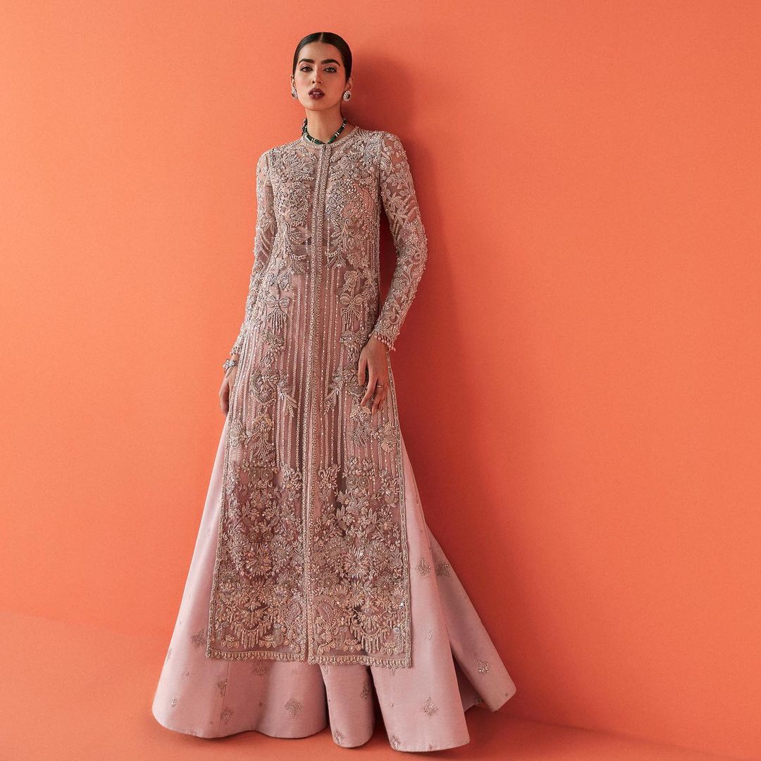 Pink Designer Partywear Embroidered Split Kameez with Skirt Bespoke - DN-1194