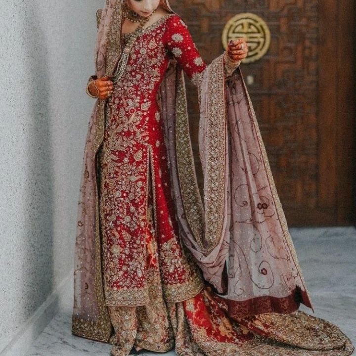 Pakistani Red and Golden Bridal Lehenga with Embroidered Kurti - DN-1615