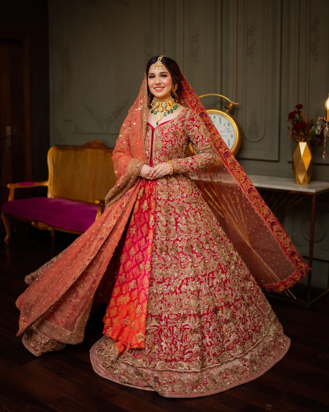 Designer Red Pakistani Bridal Lehenga with Embroidered Long Split Anarkali - DN-1555