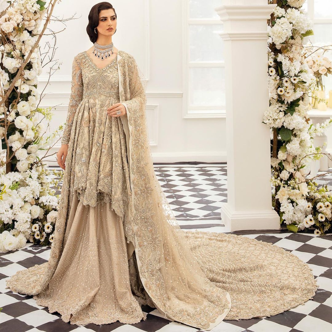 Classy Designer Pakistani Wedding Embroidered Long Trail Peplum with lehenga Bespoke - DN-1197