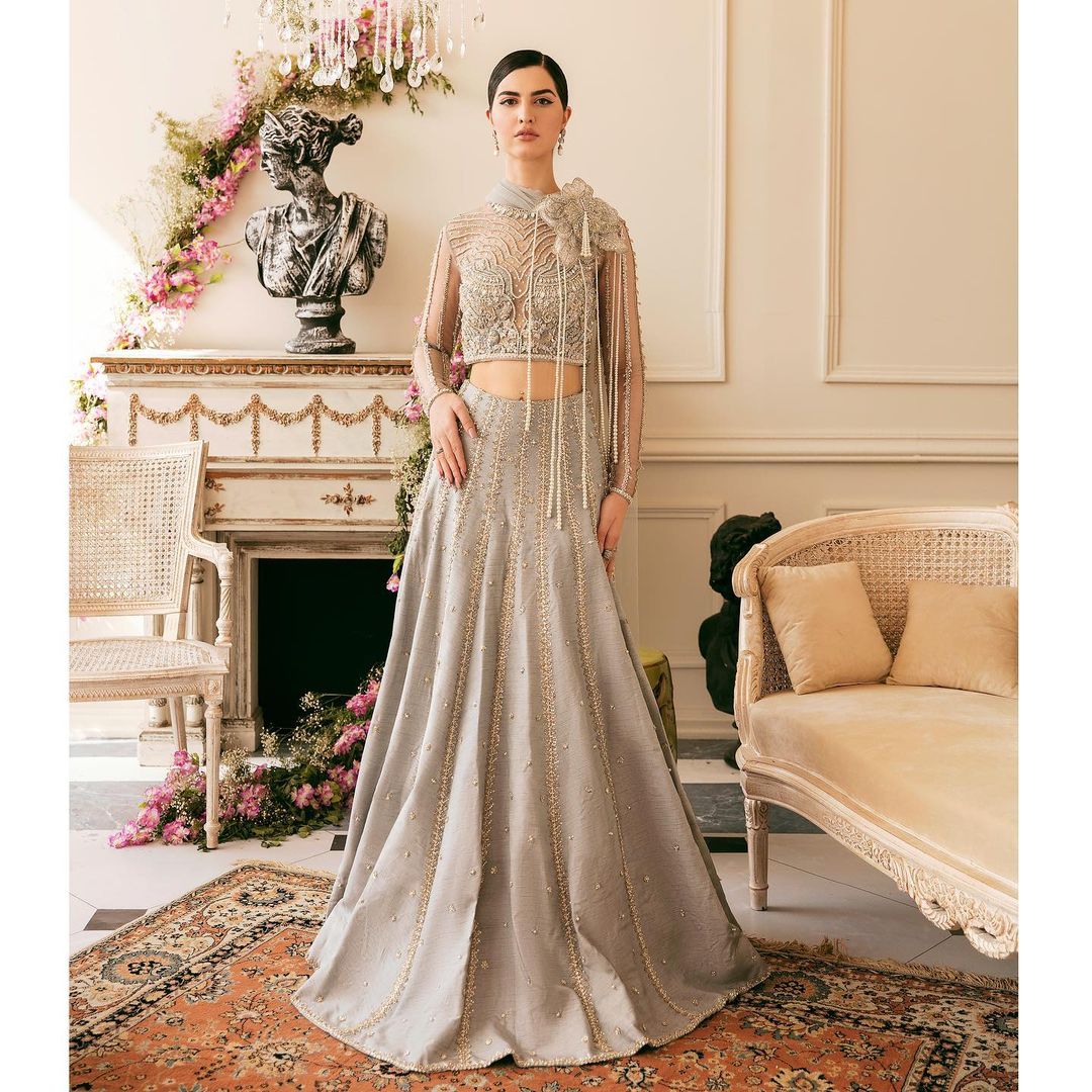Grey Designer Partywear and Wedding lehenga with Embroidered sleeveless Blouse Bespoke - DN-1198