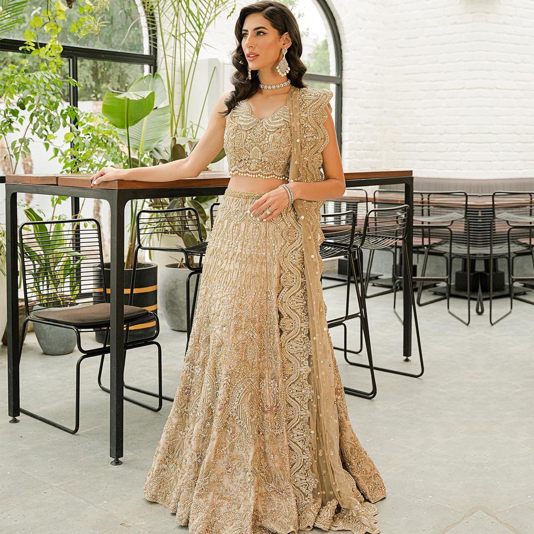 Classy Golden Designer Wedding lehenga with full embroidered and sleeves blouse Bespoke - DN-1200