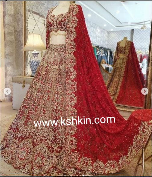 KSHKIN Inspired Traditional Red Indian Bridal long Trail lehenga with crop top and Embroidery Bespoke - DN-1245