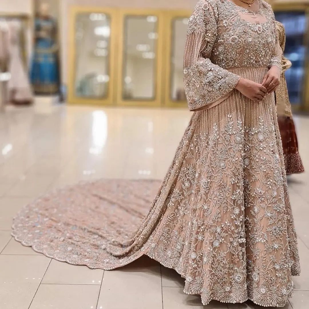 Designer Pakistani Wedding Walima Gown with Embroidered Long trail - DN-1575