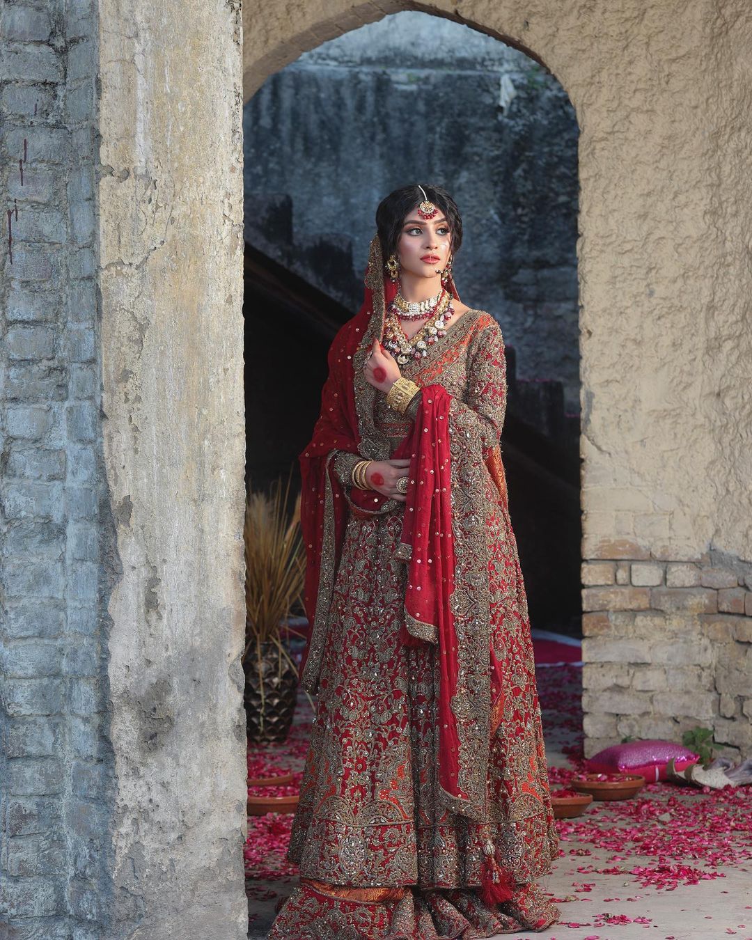 Designer Red and Orange Pakistani Bridal Long Anarkali with Long Trail Lehenga - DN-1508