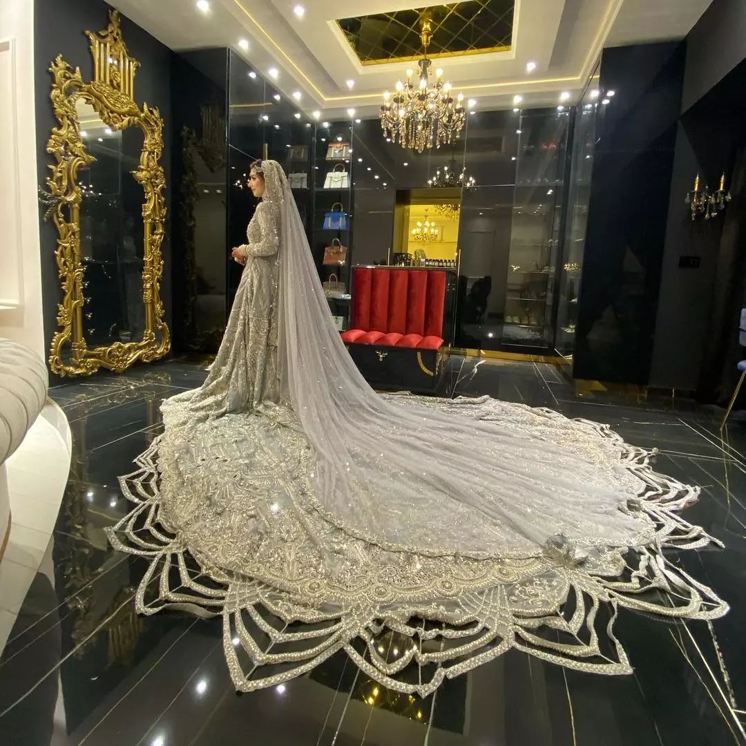 TRADITIONAL WEDDING LONG TRAIL GOWN WITH SILVER EMBROIDERY - DN-1940