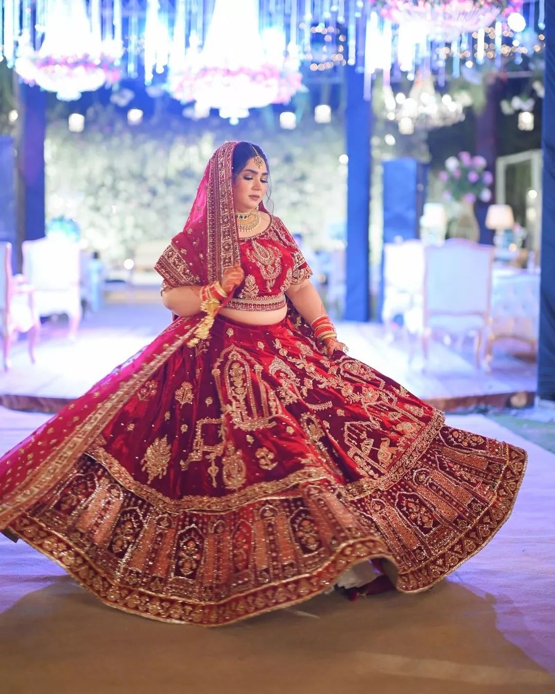 RED EMBROIDERED WEDDING DOUBLE LAYER LEHENGA WITH GOLDEN EMRBOIDERY - DN-1941
