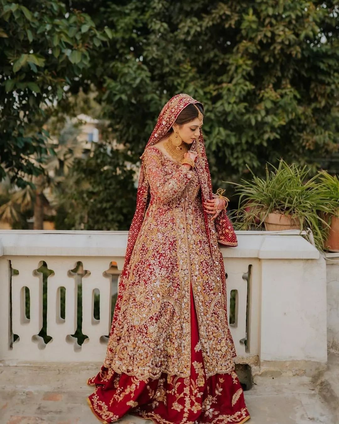 Designer Golden Split Anarkali with Red long Trail Lehenga and Embellishment - DN-1506