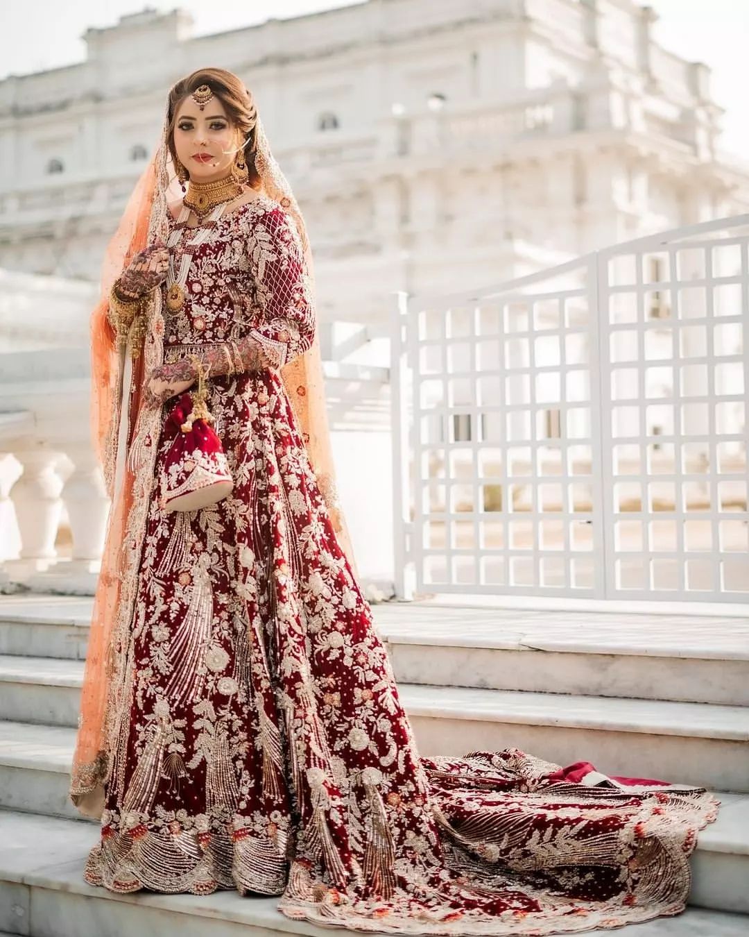 Designer Indian and Pakistani Bridal Maroon Long Trail Gown with Golden Embroidery - DN-1507