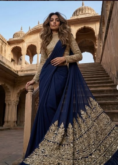 Indo-Western Navy Blue Saree with Heavy Handwork Pallu DN- 3009