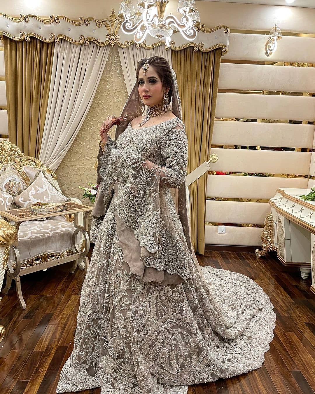 IVORY WEDDING LONG TRAIL BRIDAL GOWN WITH SILVER EMBROIDERY - DN-1939