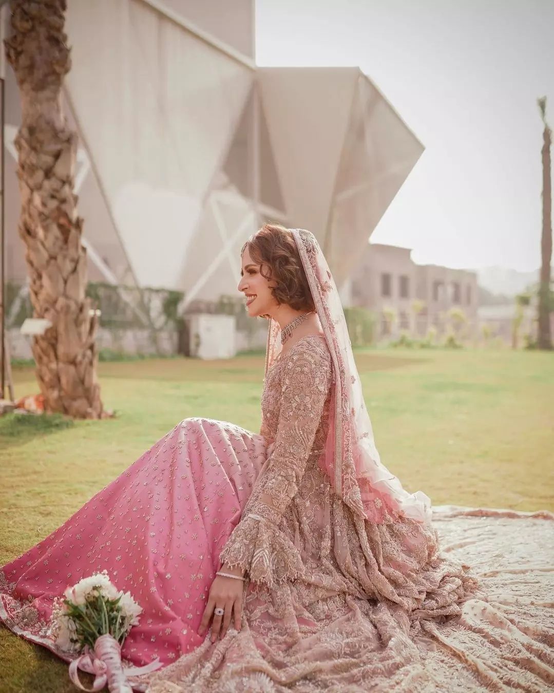 Designer wedding Waleema Ivory Split Anarkali with Pink Lehenga - DN-1504