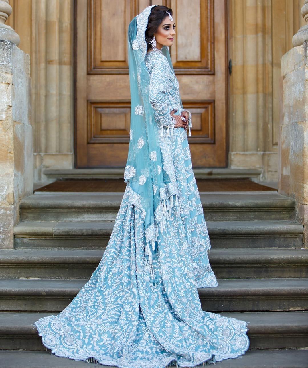 WEDDING BLUE LONG TRAIL LEHENGA WITH SILVER EMBROIDERY - DN-1936