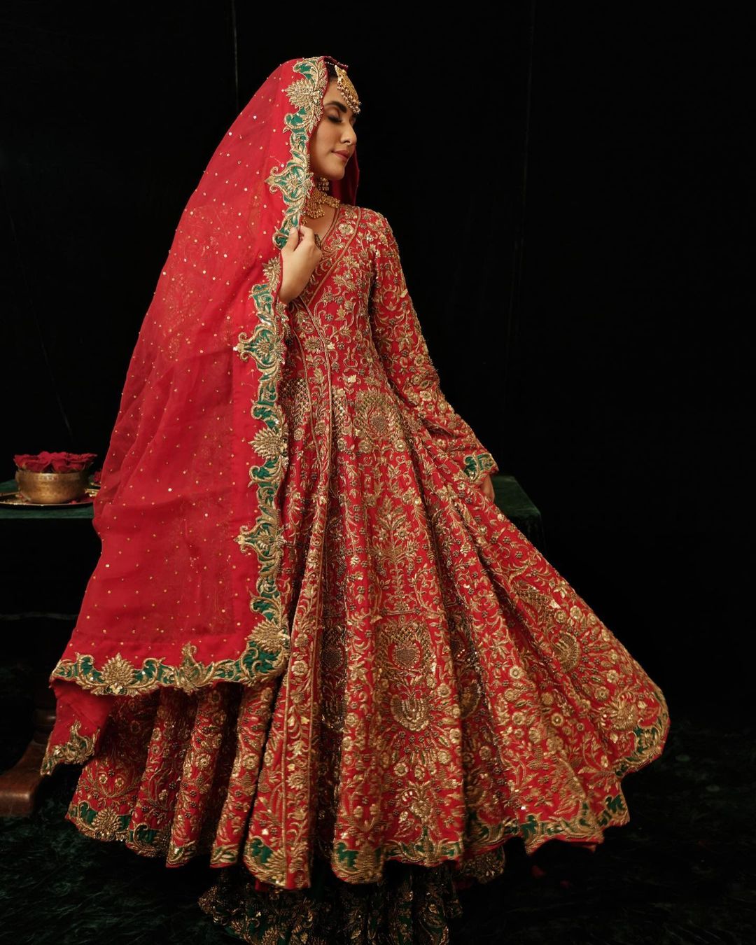 Classy Pakistani Wedding Orange Anarkali with Green skirt and Embellishment - DN-1470