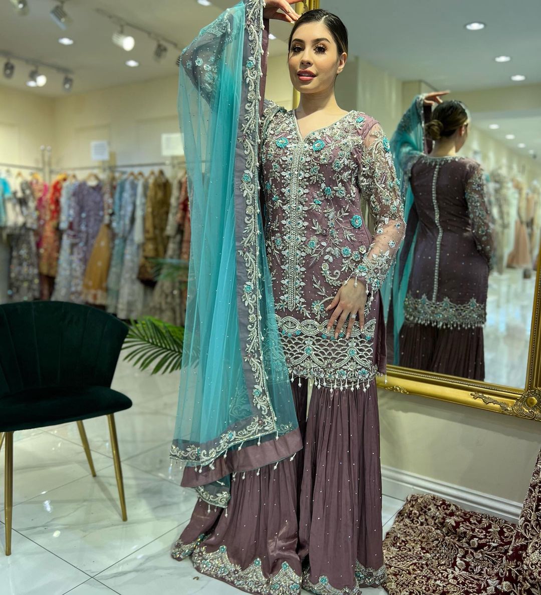 Designer Partywear Embroidered kameez with Garara and Bespoke made to order - DN-1172