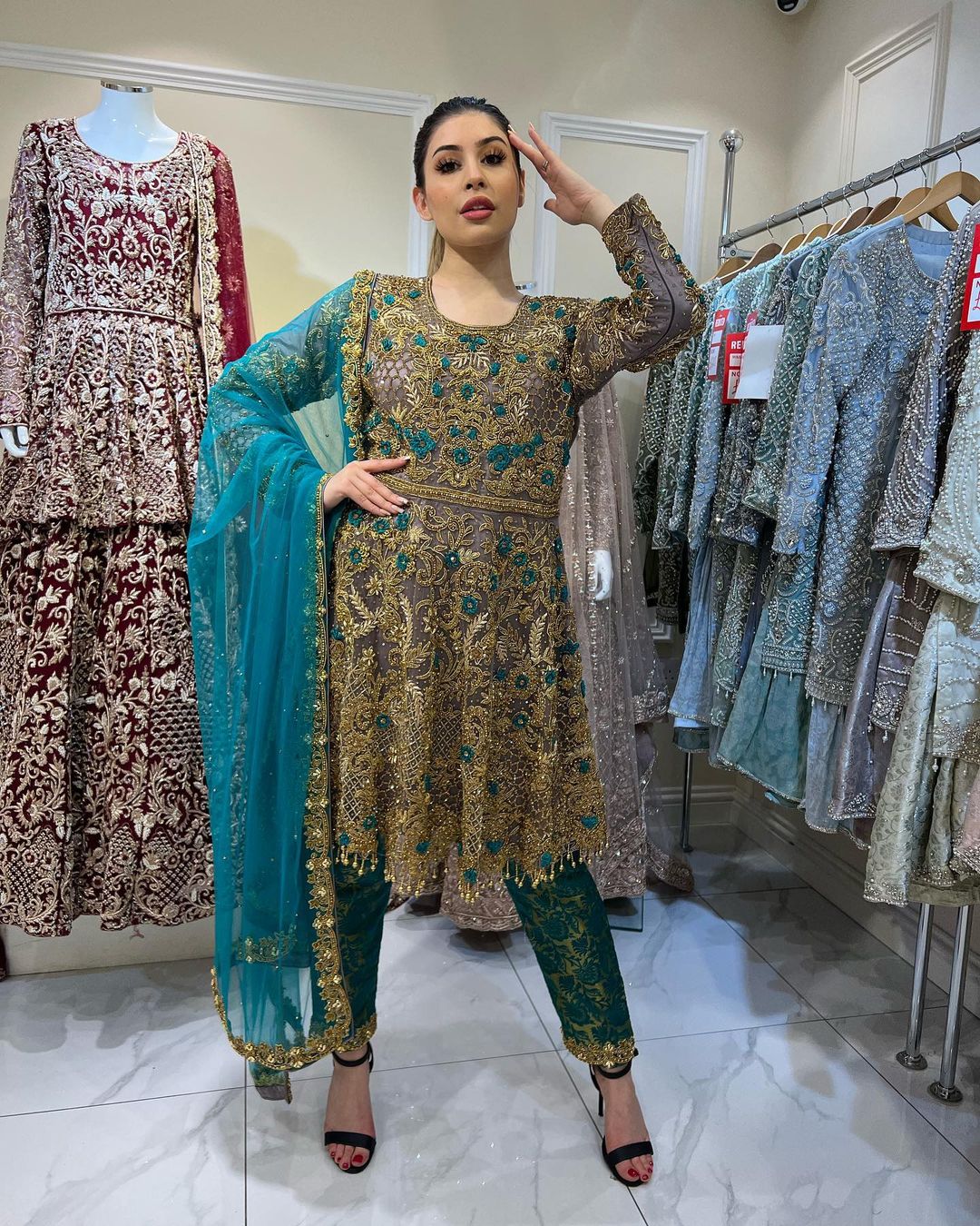 Green Designer Partywear Peplum with Pant and Embroidery Bespoke - DN-1186