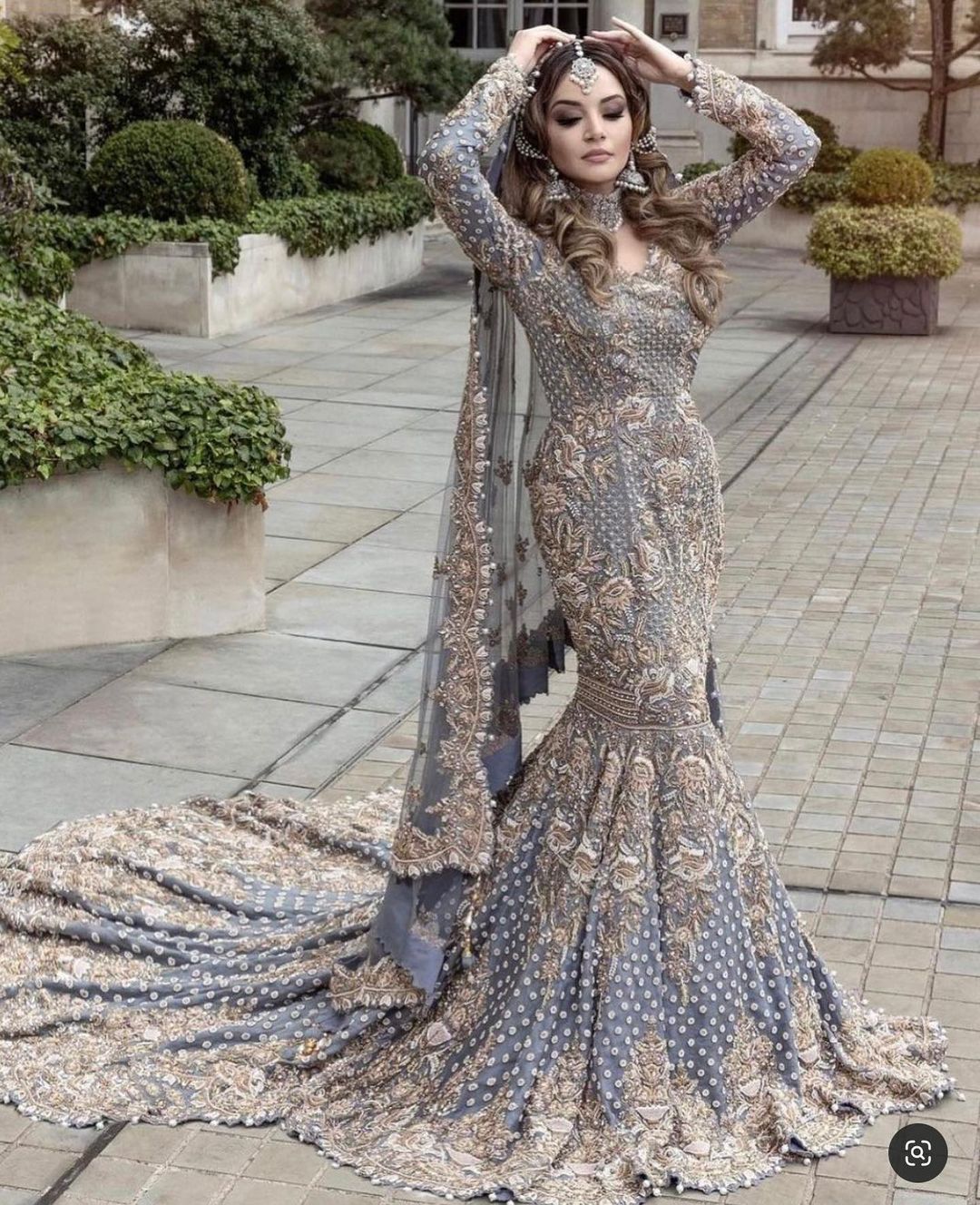 Blue Classy Pakistani Wedding long Trail Gown with Embroidery Bespoke - DN-1182