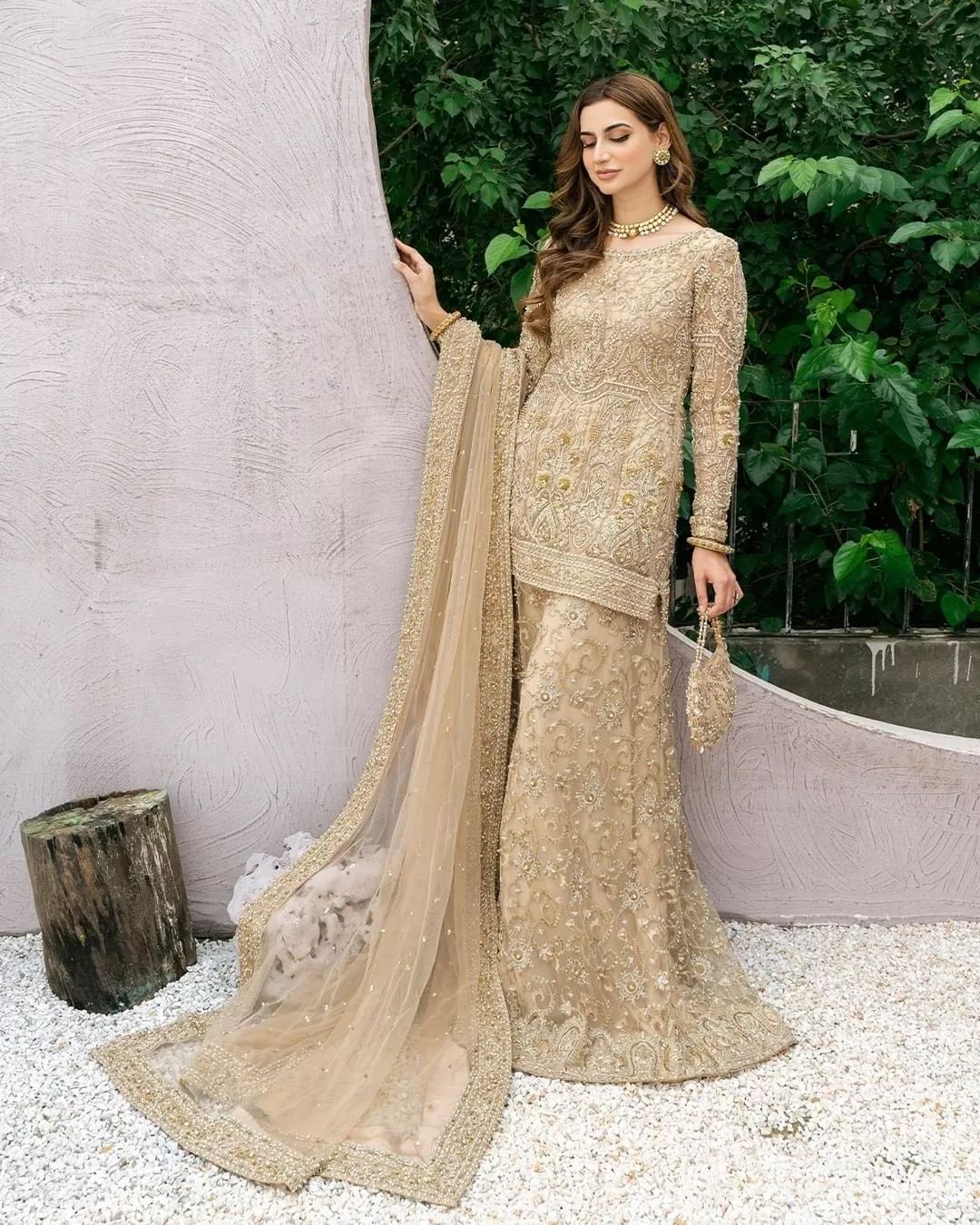 Golden Designer Wedding and Partywear Short kameez with Sharara and Embroidery Bespoke - DN-1176