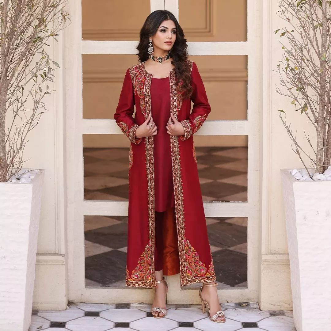 Red Designer Partywear kameez with Pant and long jacket and Embroidery Bespoke - DN-1178