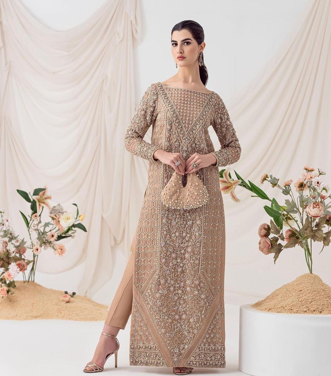 Brown Designer Embroidered Partywear Long Kameez with Pant Bespoke - DN-1183