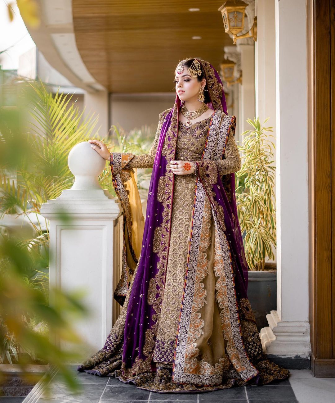 Indian Designer Golden and Purple Wedding Lehenga Choli with Embroidery - DN-1551