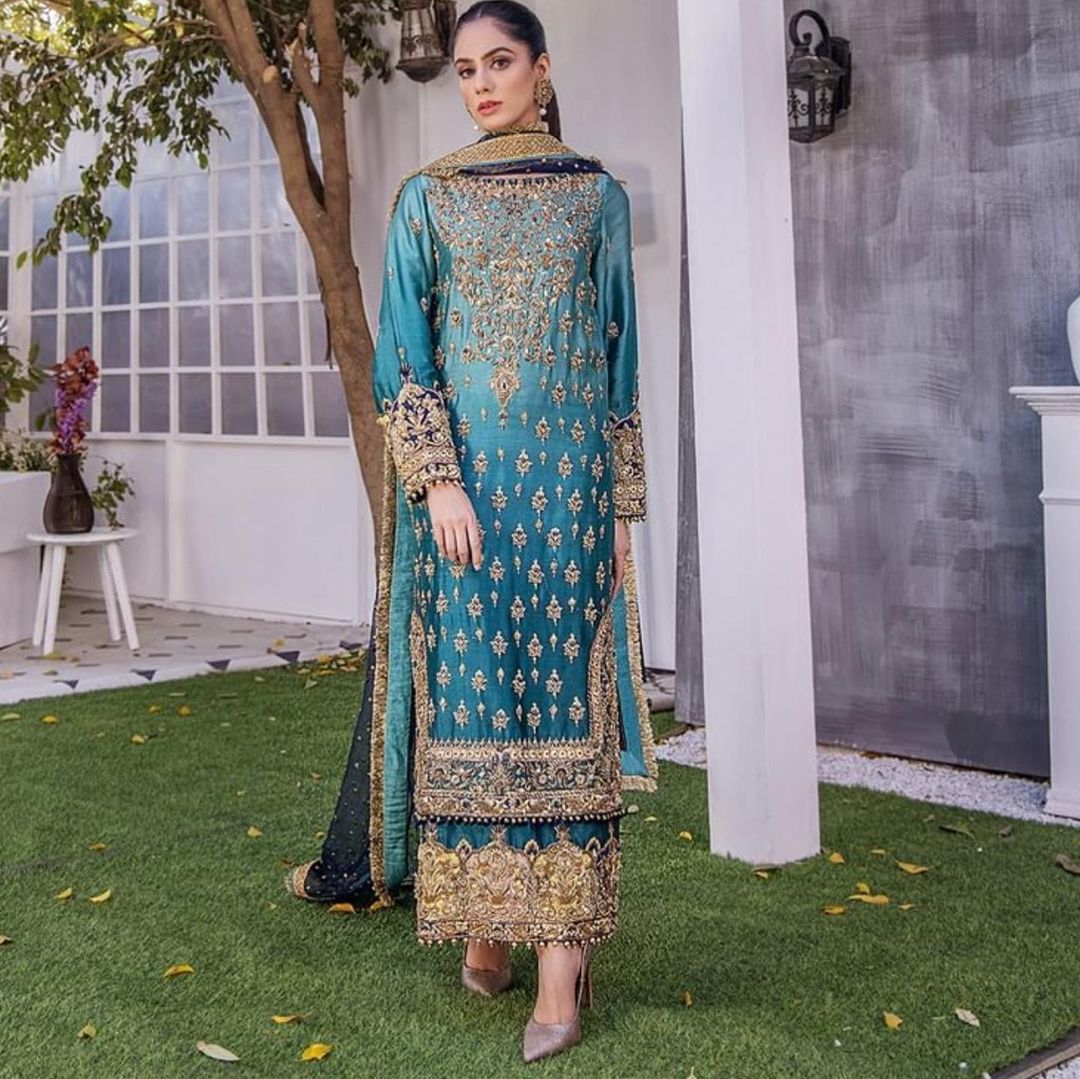 Blue Designer Partywear long kameez with Palazzo and Embroidery Bespoke - DN-1185
