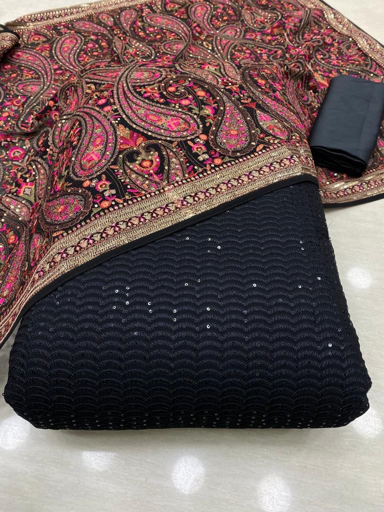 Designer Long Black Suits With Kashmiri Duptta - DN-1086