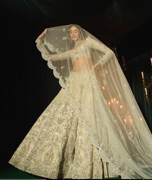 Ivory Bridal Dream: Walima Special Designer Lehenga with Trail Veil - DN-1050