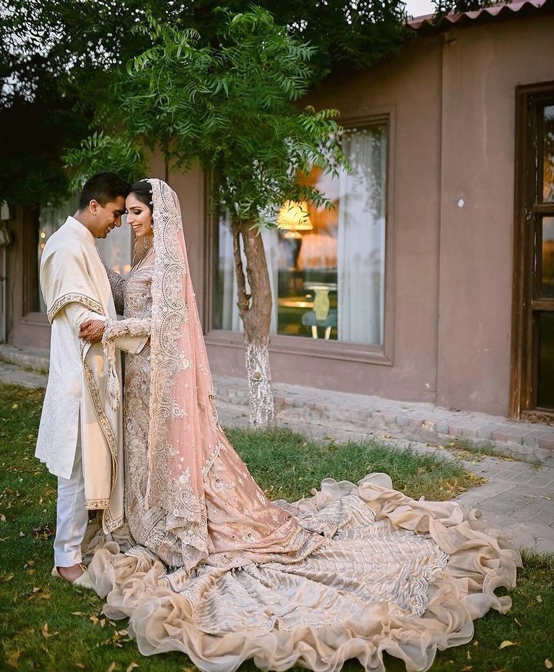 IVORY WEDDING LONG TRAIL BRIDAL GOWN WITH GOLDEN EMBROIDERY - DN-1933