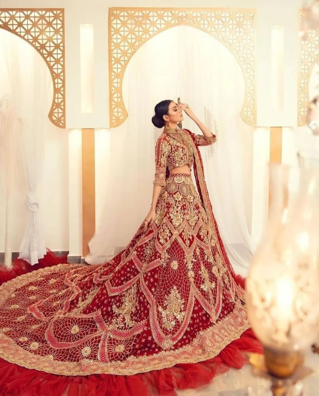RED LONG TRAIL WEDDING LEHENGA WITH EMBROIDERED CROP TOP - DN-1932