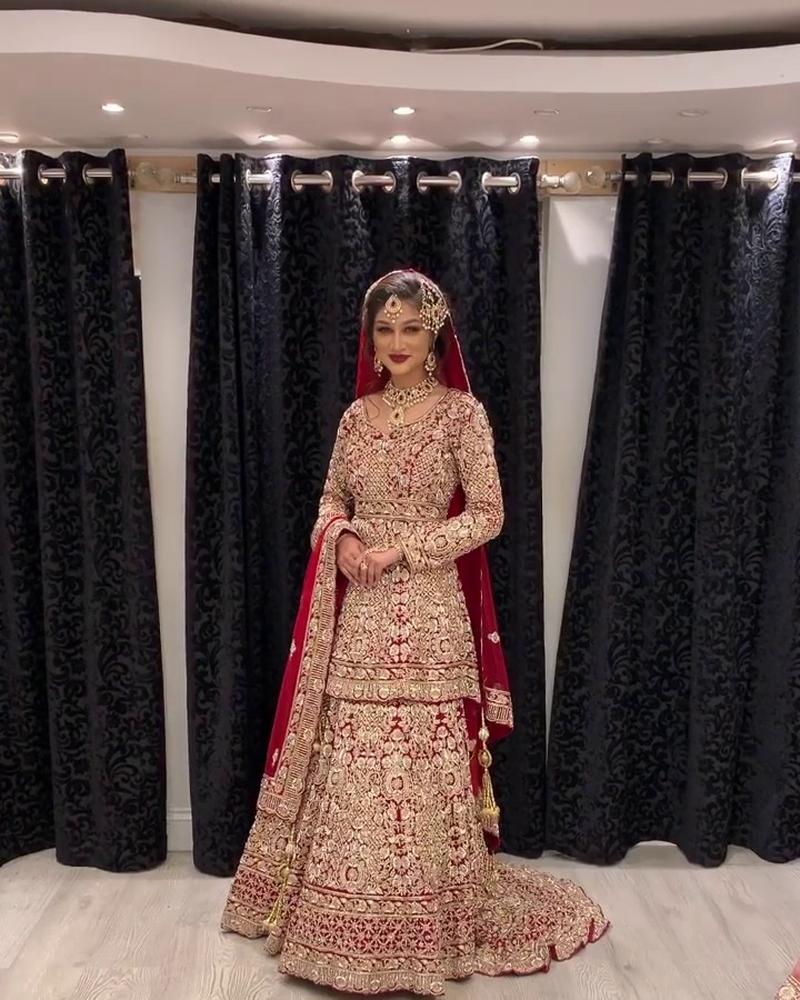 Traditional Red Designer Bridal long Trail Lehenga with Peplum and Embellishment - DN-1415