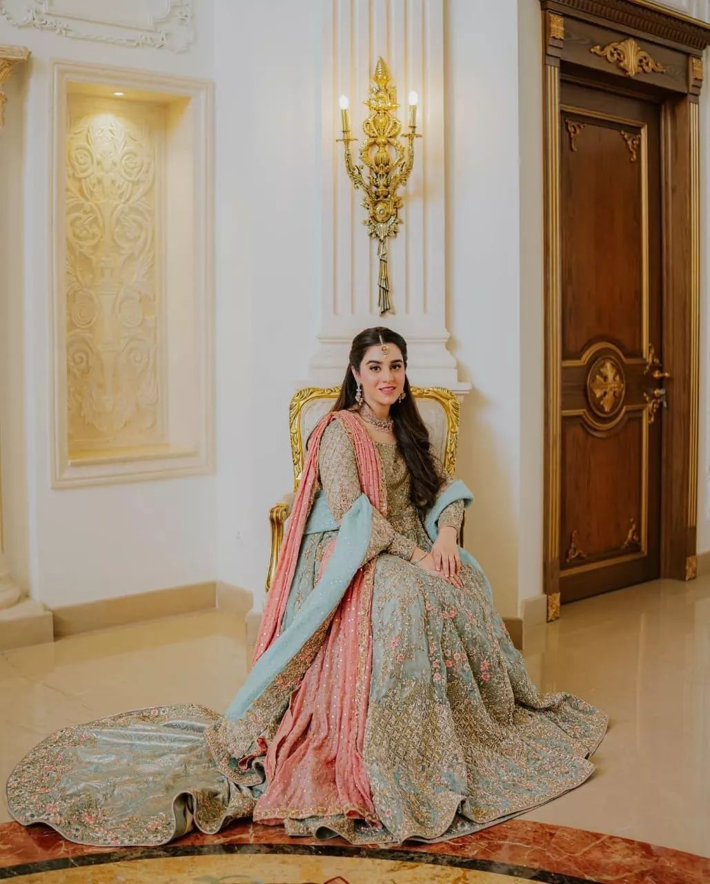 Designer Pakistani wedding Split Long Trail Jacket With Pink Lehenga and Embellishment - DN-1501