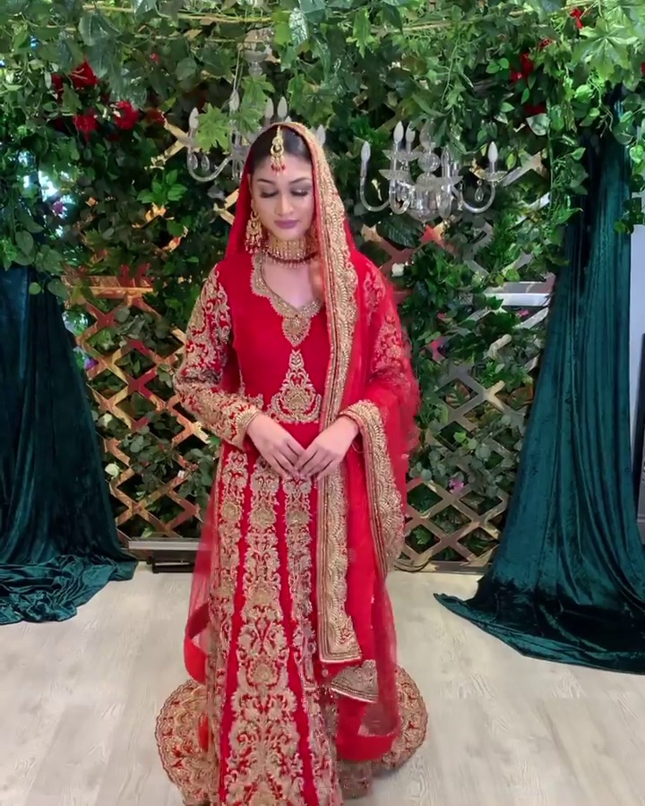 Classy Red Designer wedding Long Trail Gown with Golden Embroidery - DN-1414