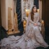 Designer Ivory Wedding Waleema Long Trail Gown with Silver Embroidery - DN-1502