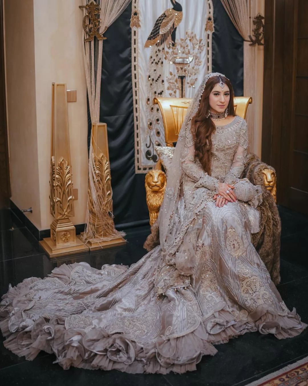 Designer Ivory Wedding Waleema Long Trail Gown with Silver Embroidery - DN-1502