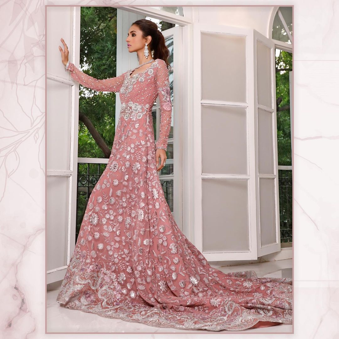 ROSE PINK LONG TRAIL WEDDING GOWN WITH GOLDEN EMBROIDERY - DN-1928