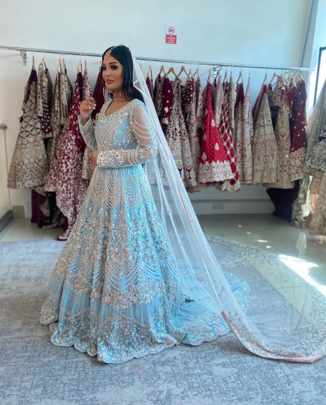 ICE BLUE WEDDING LONG TRAIL BRIDAL GOWN WITH SILVER EMBROIDERY - DN-1925
