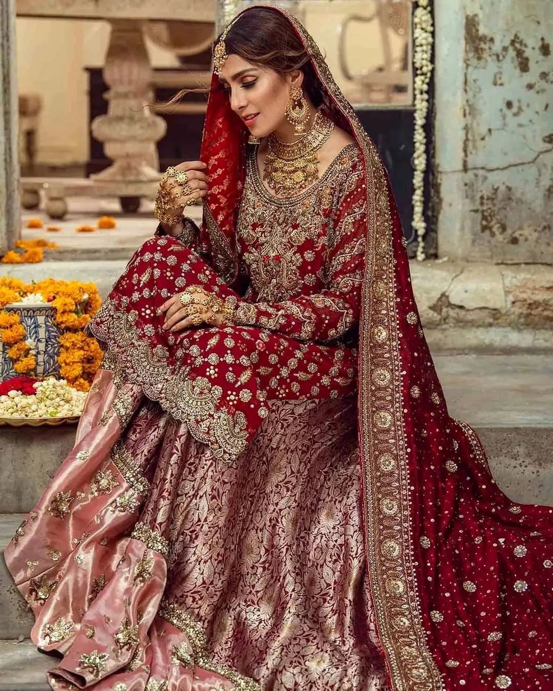 MAROON TRADITIONAL WEDDING LONG KAMEEZ WITH LEHENGA WITH HAND WORK - DN-1922