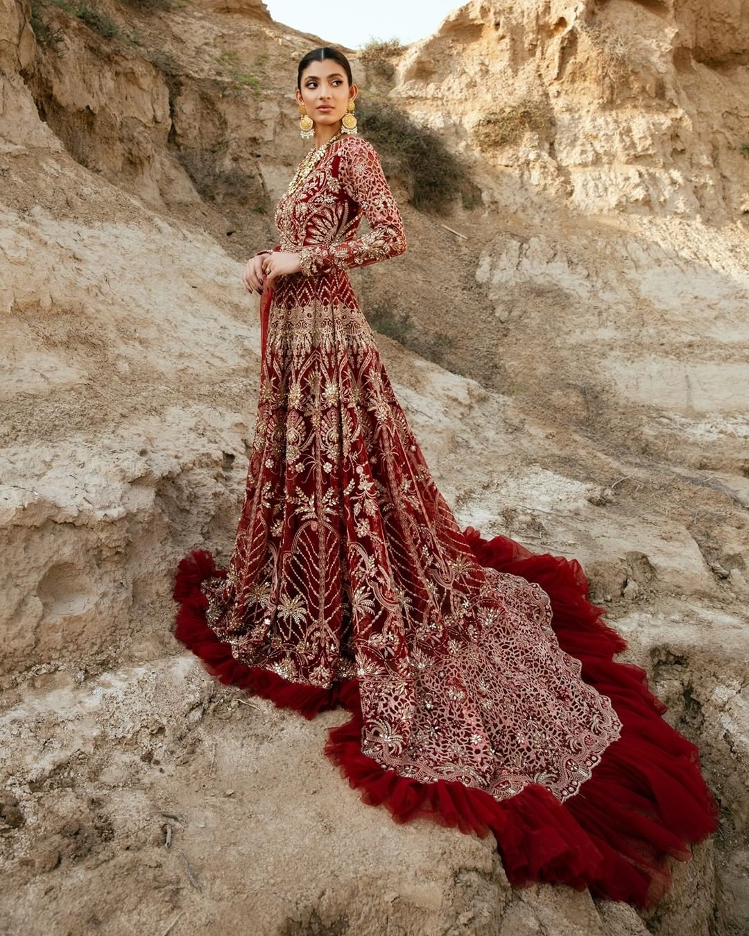TRADITIONAL RED WEDDING LONG TRAIL GOWN WITH GOLDEN EMBROIDERY - DN-1917