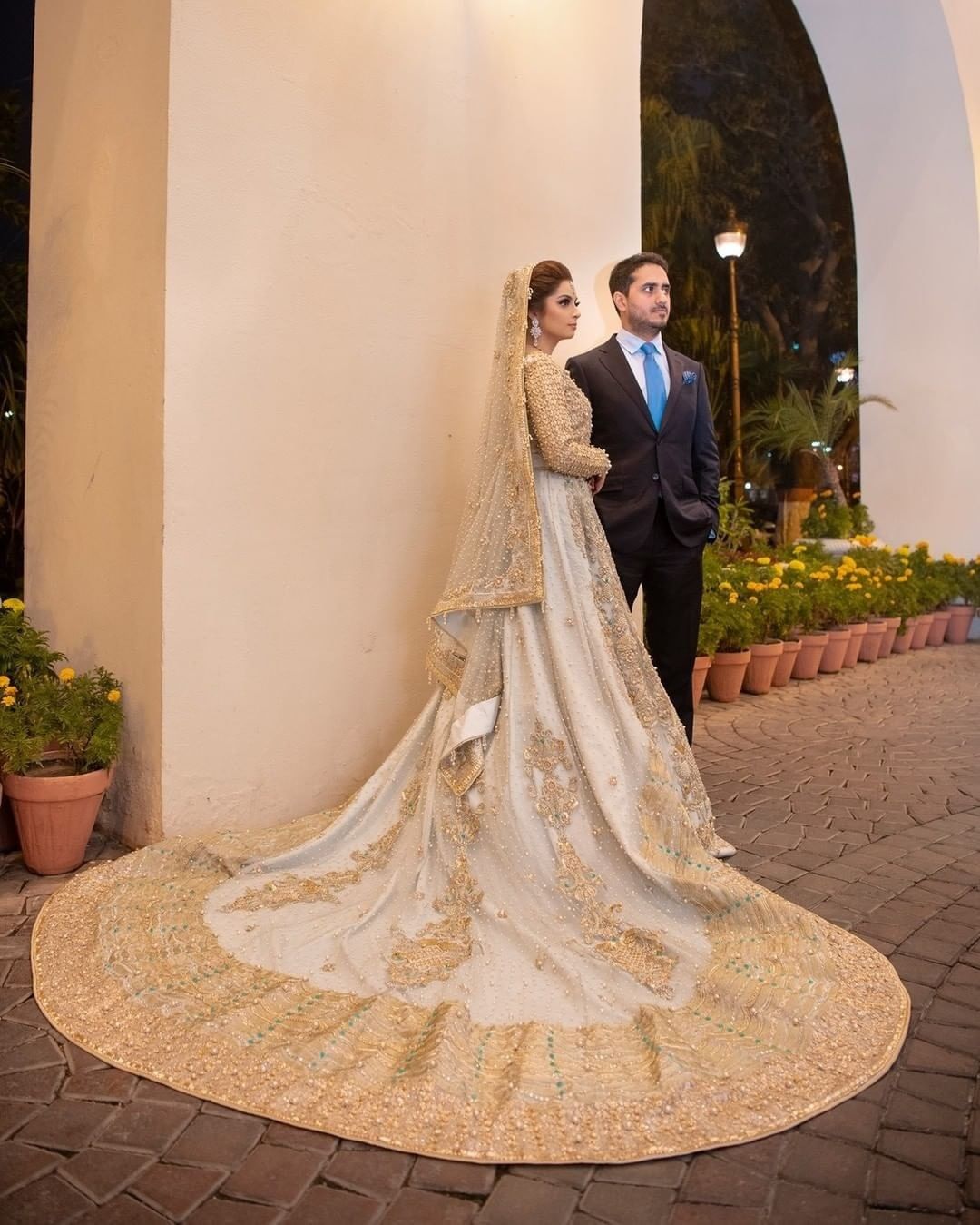 WEDDING LONG TRAIL GOWN WITH GOLDEN EMBROIDERY - DN-1919