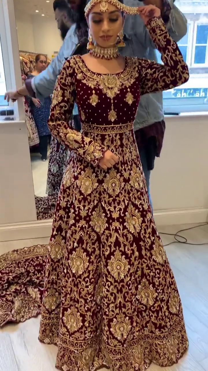 Designer Maroon Traditional Wedding Long Trail Gown with Golden Embroidery - DN-1417