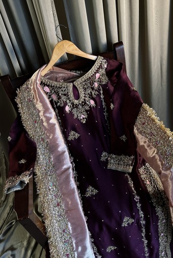 Purple Velvet party Dress Hand Embroidered Pakistani Wedding Outfit - DN-1019