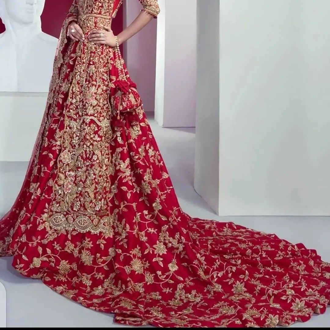 TRADITIONAL RED LONG SPLIT JACKET WITH LONG TRAIL LEHENGA - DN-1890