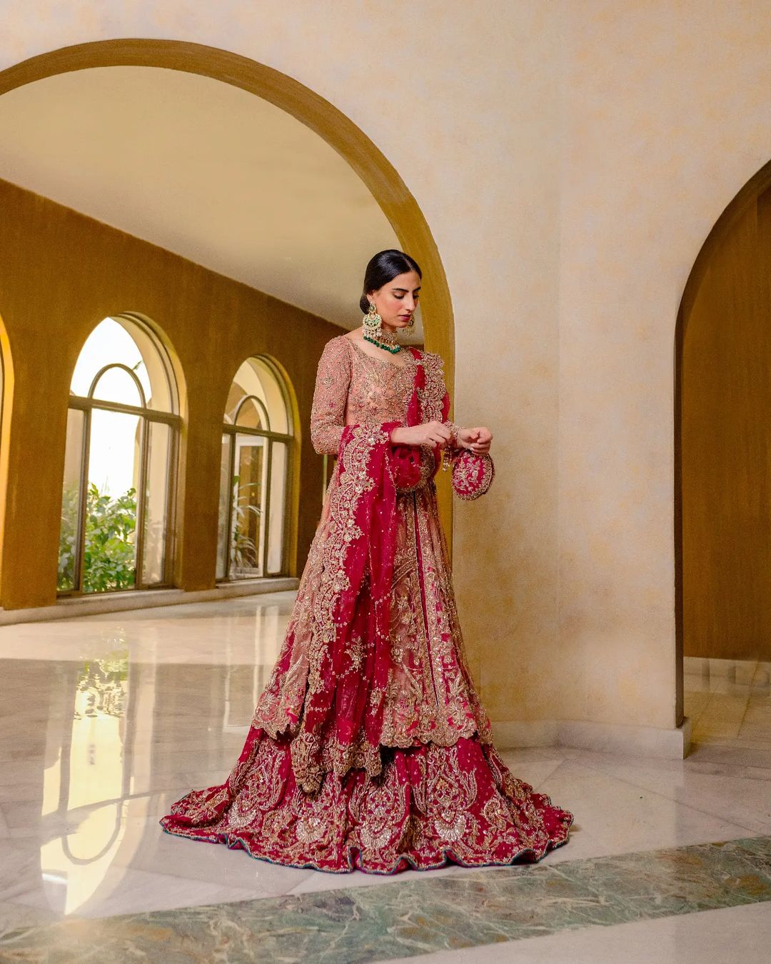 TRADITIONAL GOLDEN LONG SPLIT ANARKALI WITH RED GOLDEN EMBROIDERY LEHENGA- DN-1688