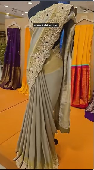 Golden Silver Soft Tissue Moti Crystal Embroidery Saree - DN-1032