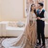 PINK WEDDING LONG TRAIL BRIDAL GOWN WITH GOLDEN EMBROIDERY - DN-1915