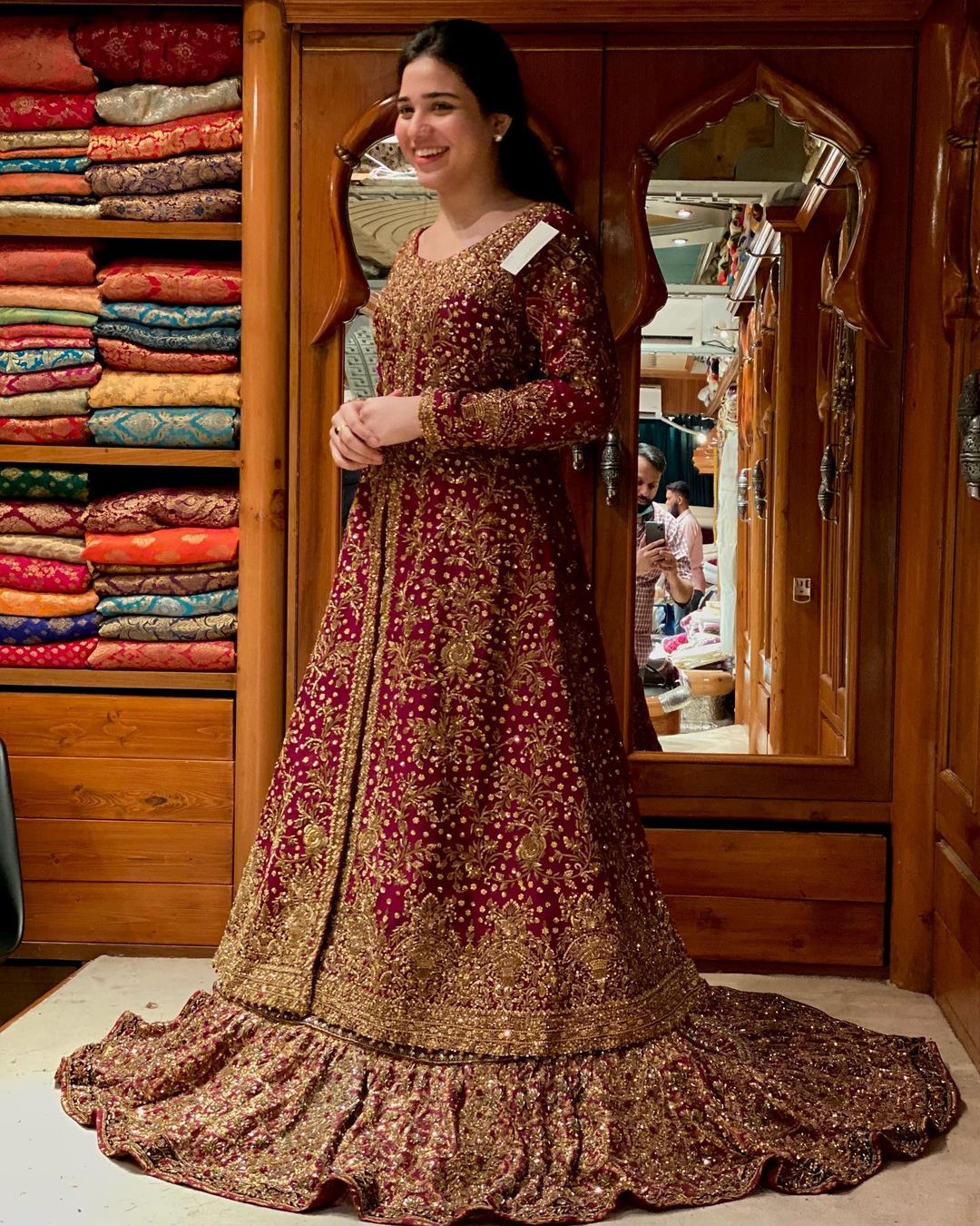 RANI PINK WEDDING LONG ANARKALI EMBROIDERY KAMEEZ WITH GOLDEN LEHENGA - DN-1912