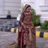 MAROON WEDDING LONG SPLIT KAMEEZ WITH LONG TRAIL LEHENGA AND EMBELLISHMENT - DN-1911