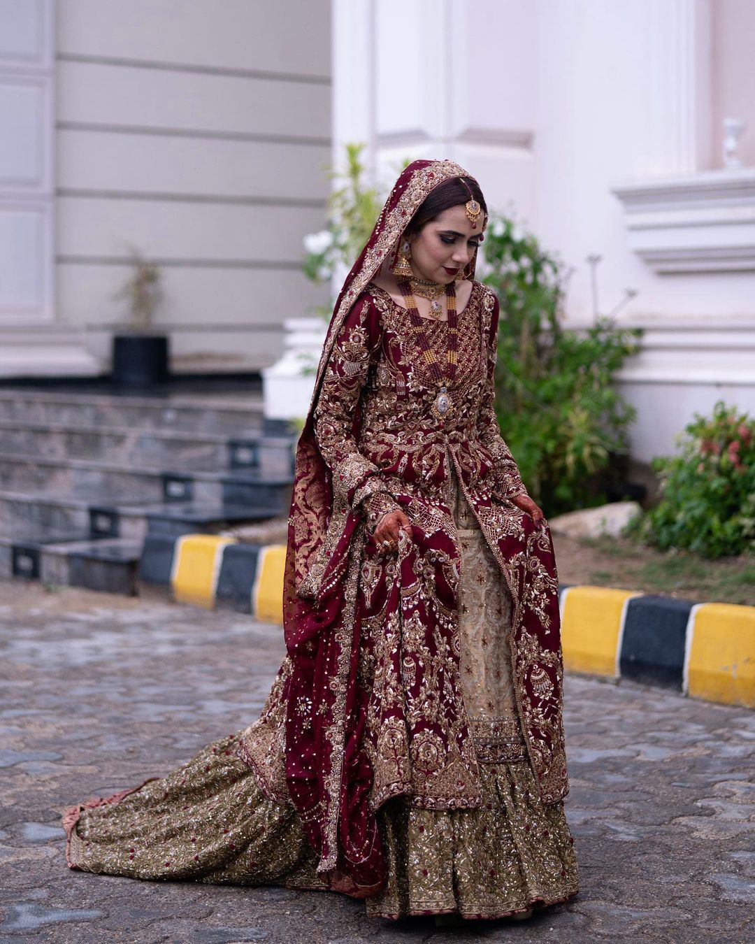 MAROON WEDDING LONG SPLIT KAMEEZ WITH LONG TRAIL LEHENGA AND EMBELLISHMENT - DN-1911