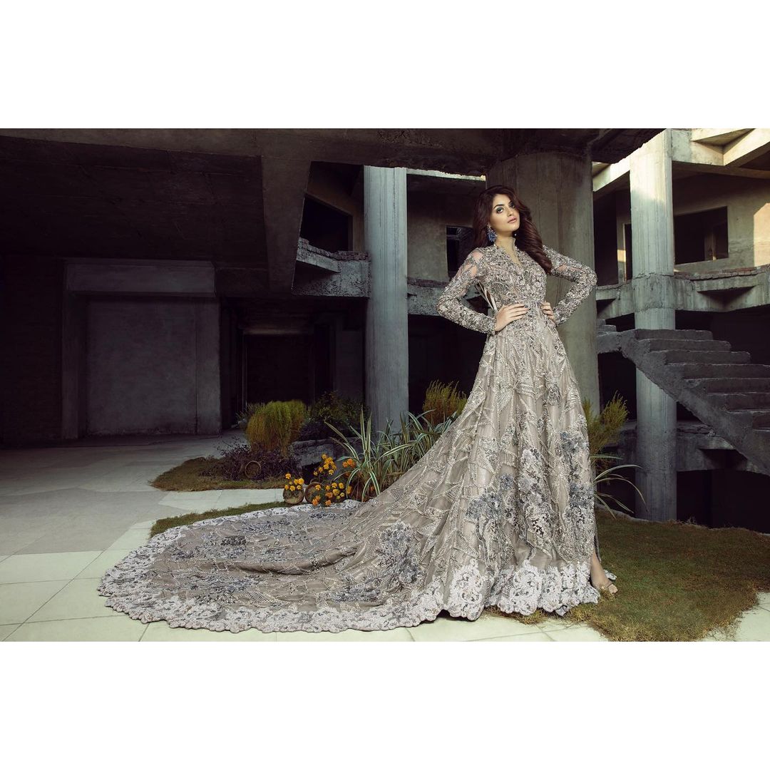 IVORY WEDDING LONG TRAIL GOWN WITH SILVER EMBROIDERY - DN-1906